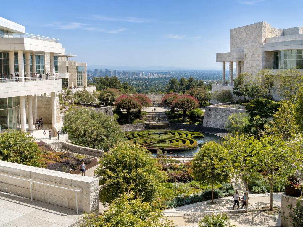 The Getty Center’s travertine buildings and landscaped garden